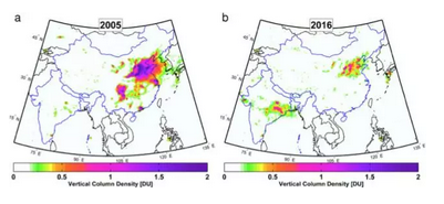 中國(guó)和印度分別在2005年和2016年各自的二氧化硫濃度。用杜伯生單位表示（一種關(guān)于臭氧的度量單位，1Du=2.691016分子每平方厘米）